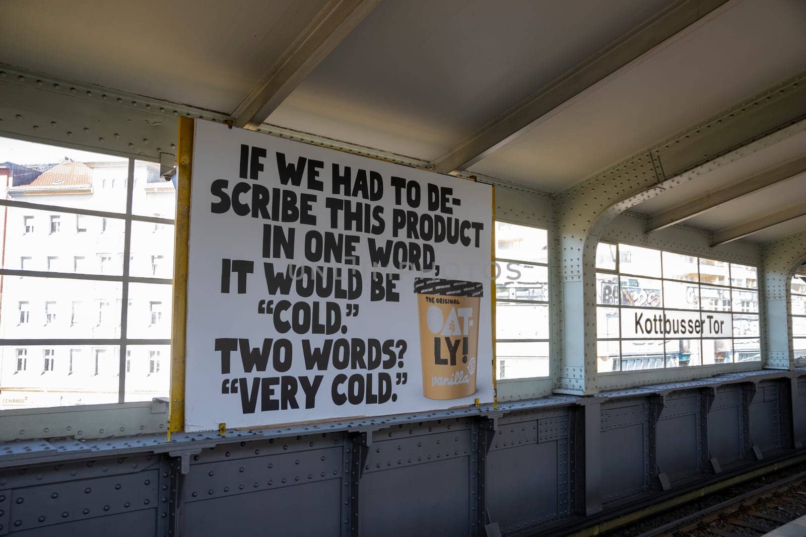 Berlin, Germany, June 2022, Illustrative Editorial: Big ad for Oatly plant based and vegan ice cream in Kottbusser Tor metro station in Berlin
