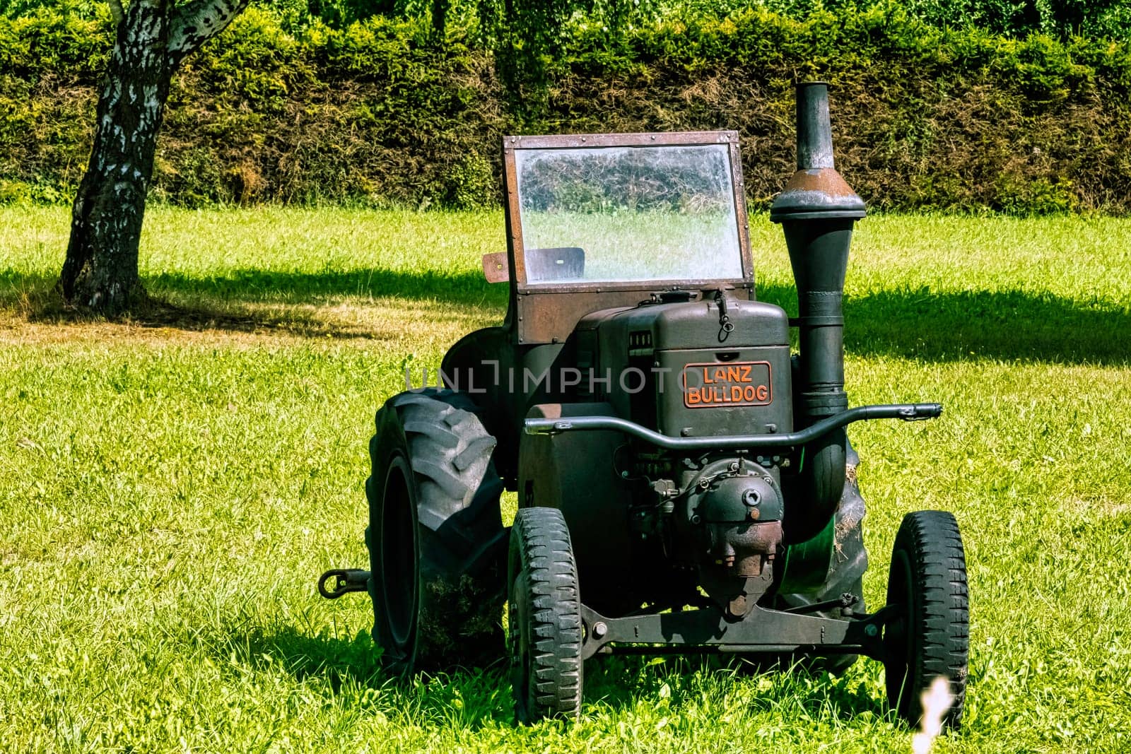Vintage German tractor Lanz Bulldog in Choczewo, Pomerania, Poland on 9 August 2021