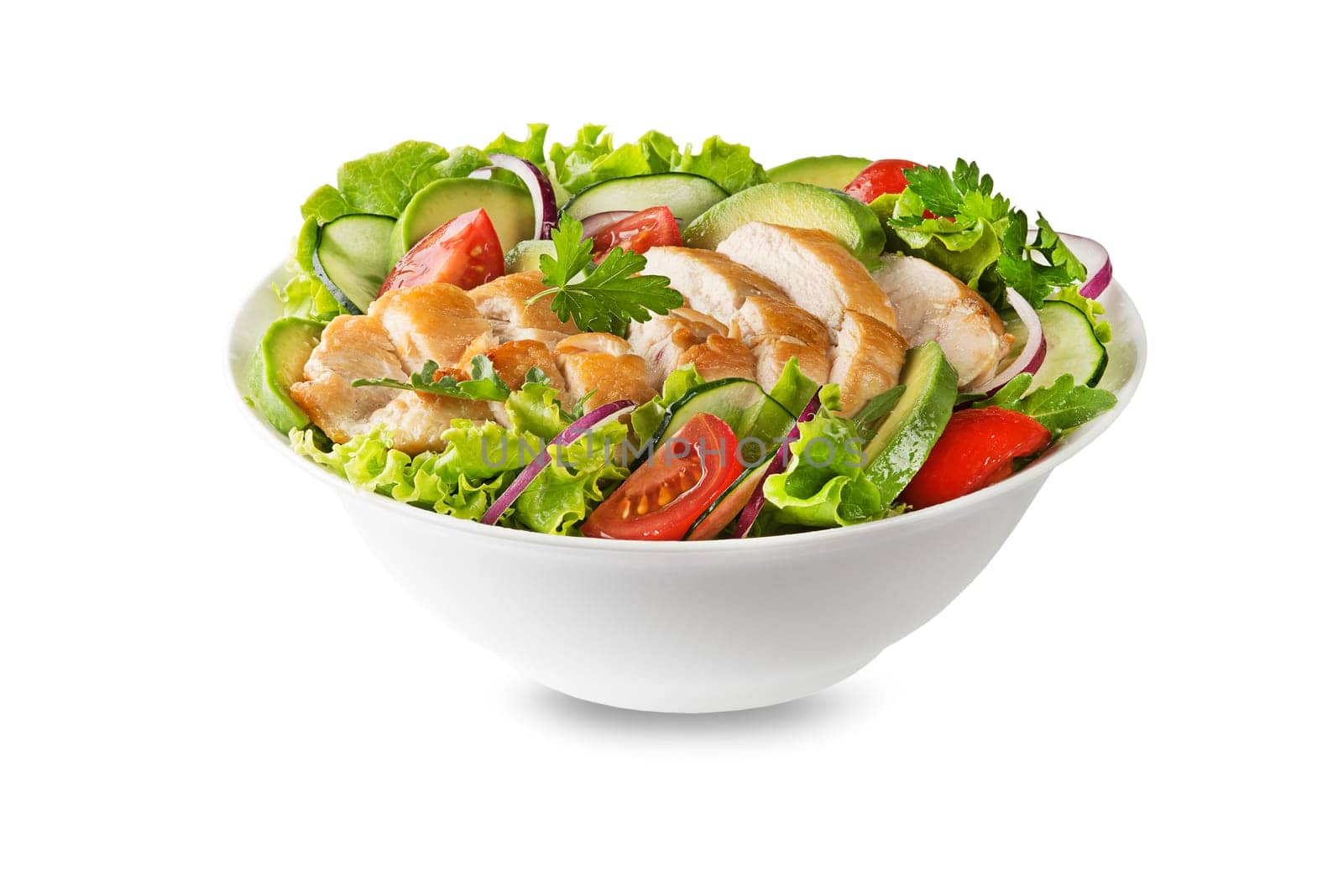 Healthy green salad with chicken breast avocado and fresh vegetables isolated on white background