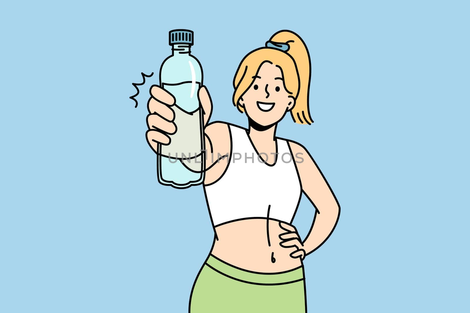 Fit young woman in sportswear recommend water drinking. Smiling toned female athlete follow healthy lifestyle. Sport and diet concept. Vector illustration.