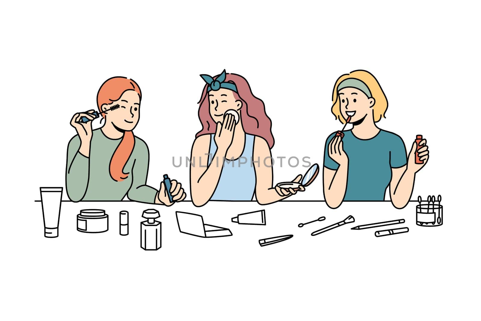 Happy girls have fun applying makeup enjoying beauty day together at home. Smiling girlfriends do cosmetic procedures on spa weekend indoors. Vector illustration.
