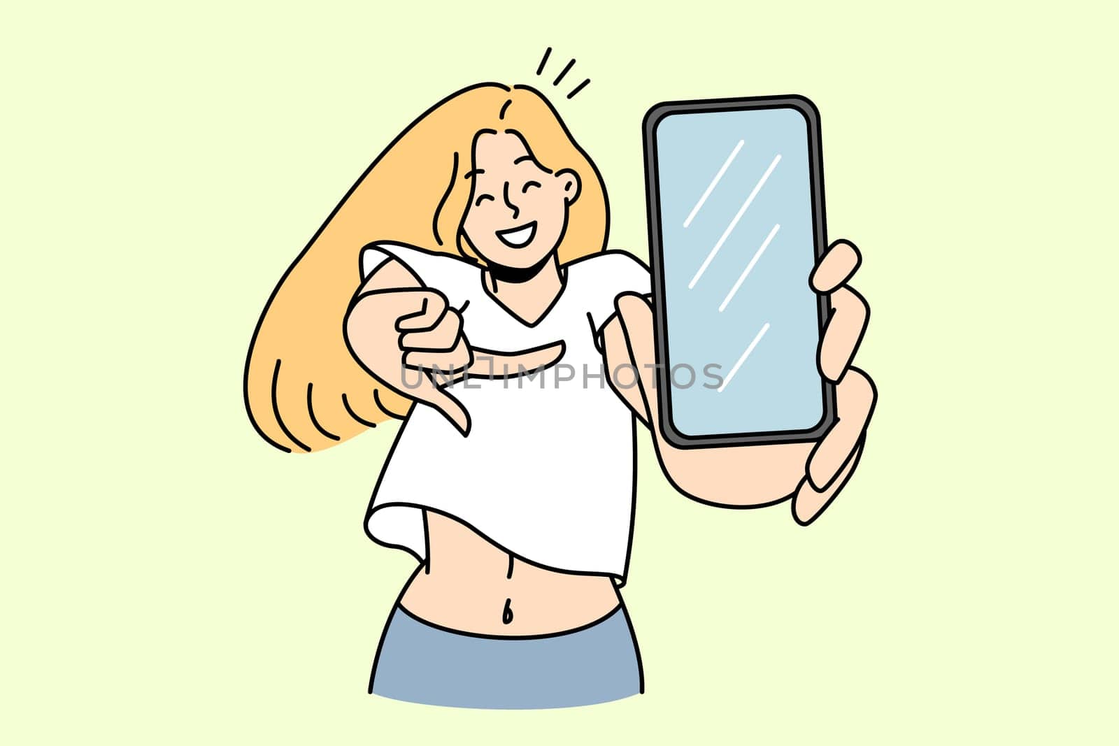 Smiling girl pointing at smartphone screen