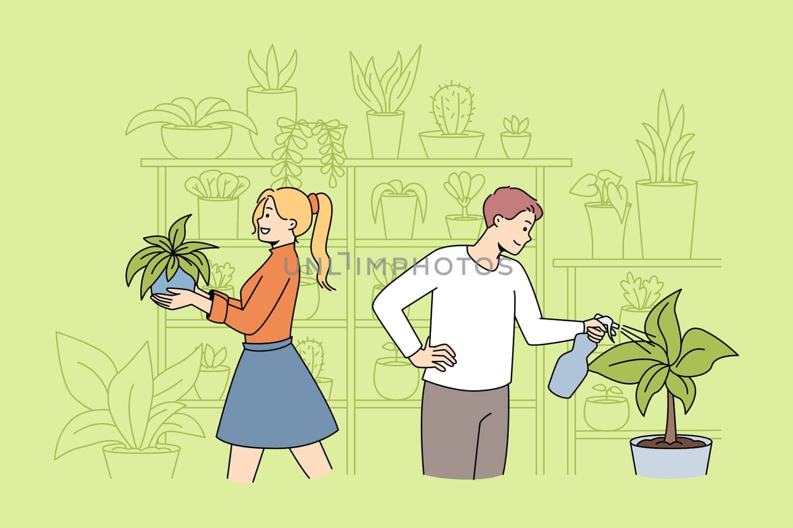 Happy couple take care of house plants. Man and woman plant and water house plants in home garden. Botany and hobby concept. Vector illustration.