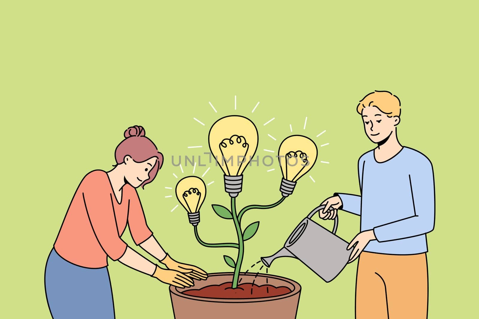 People watering plant in pot with lightbulb developing creative ideas. Man and woman growing innovation, planting product launch. Vector illustration.