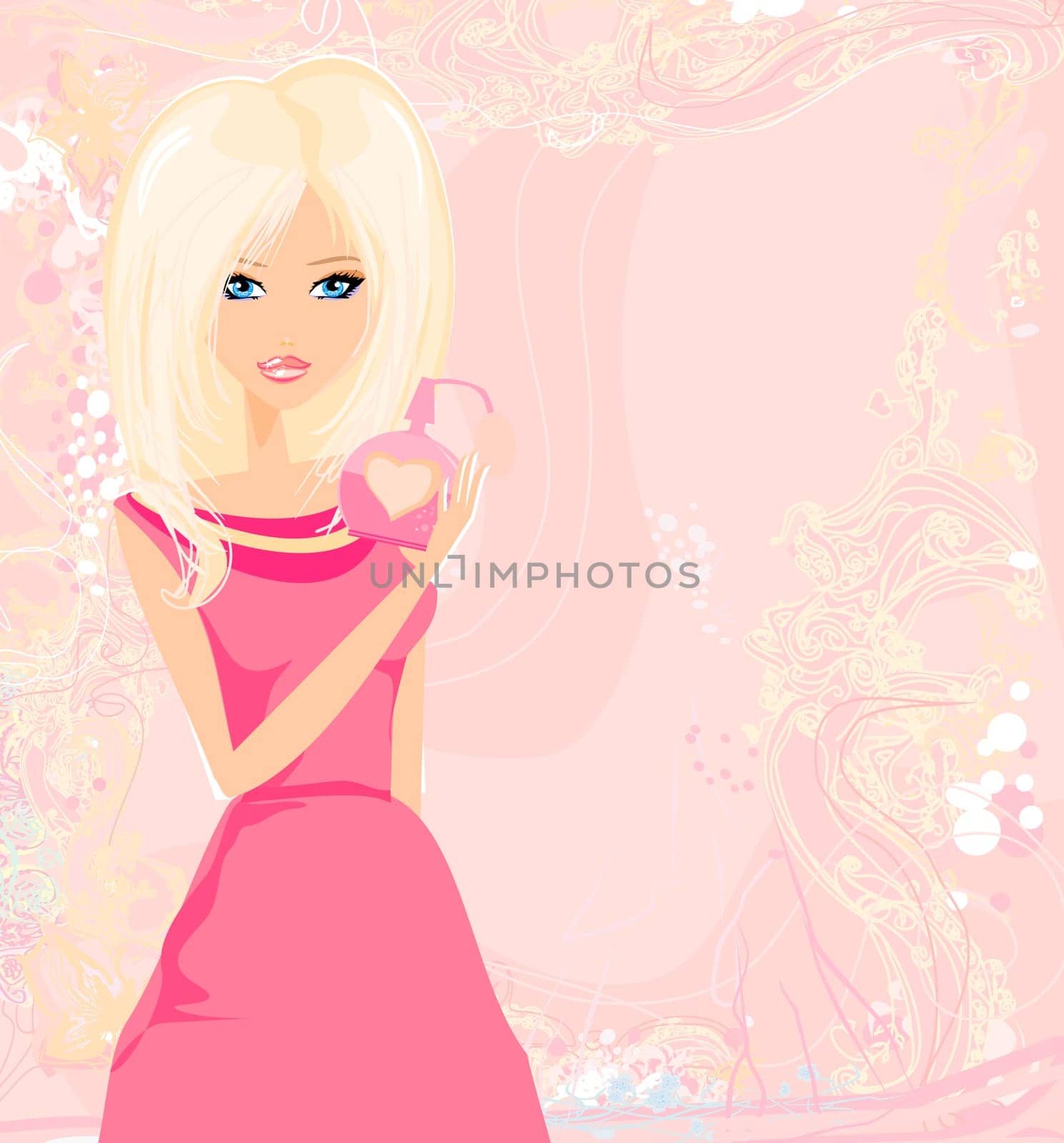 young woman spraying perfume on herself
