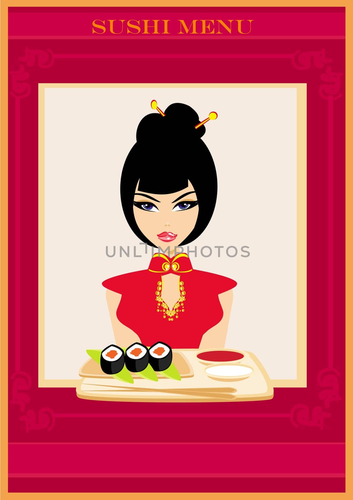 beautiful Asian girl enjoy sushi - menu template