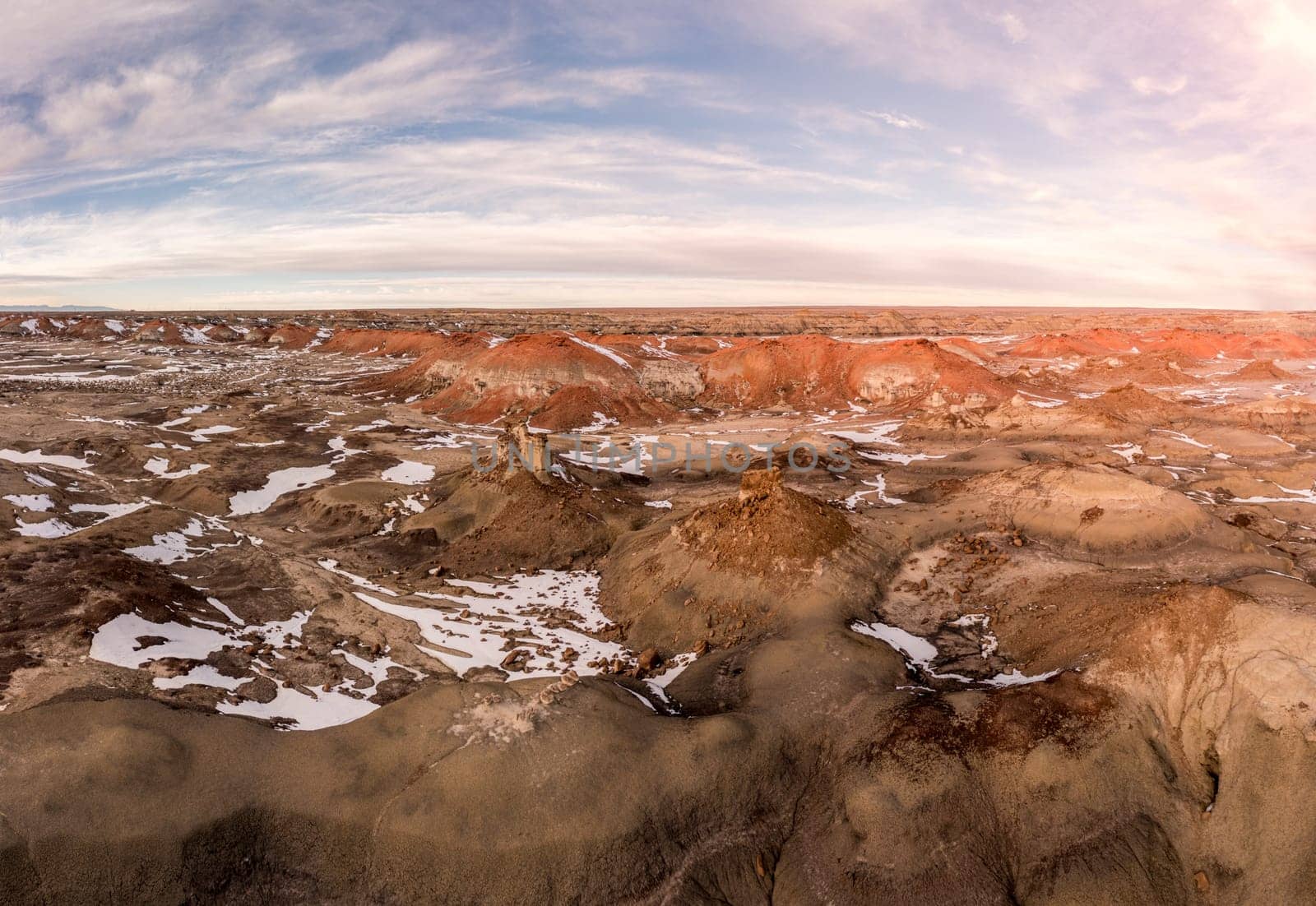 Aerial panoramic view of Bisti De-Na-Zin Wilderness area in New Mexico in winter