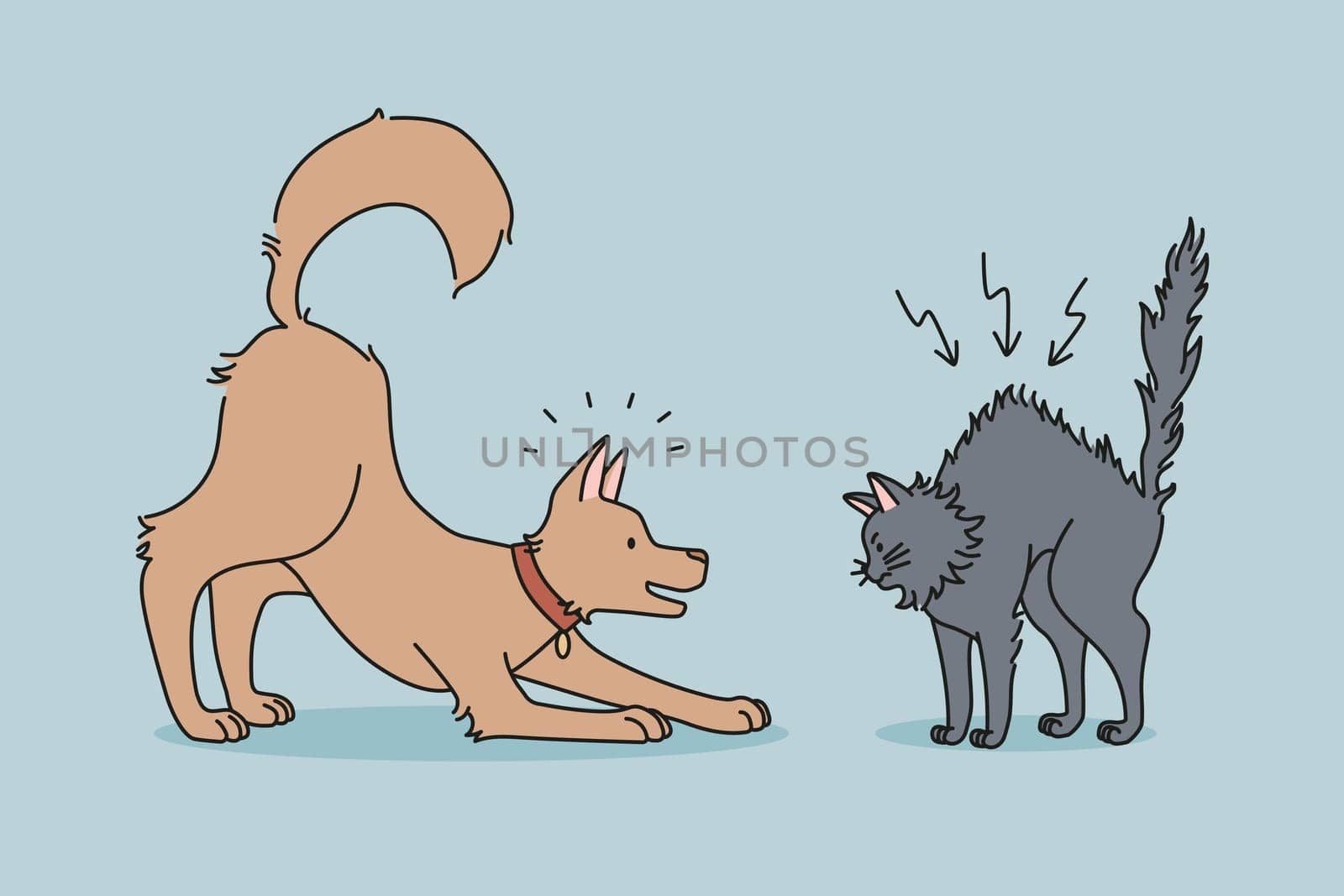 Angry cat and dog fight at home. Playful puppy and mad kitten battle feeling aggressive. Domestic animals daily life. Pets playing together. Flat vector illustration, cartoon character.