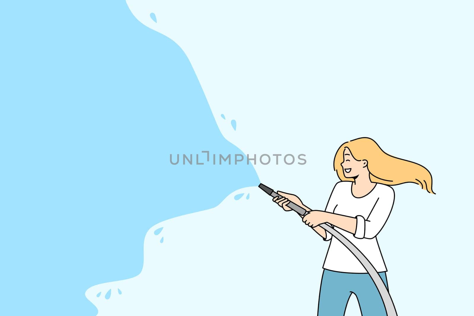 Happy woman watering with hose during summer activity festival. Smiling female have fun splashing water. Summer seasonal time. Vector illustration.