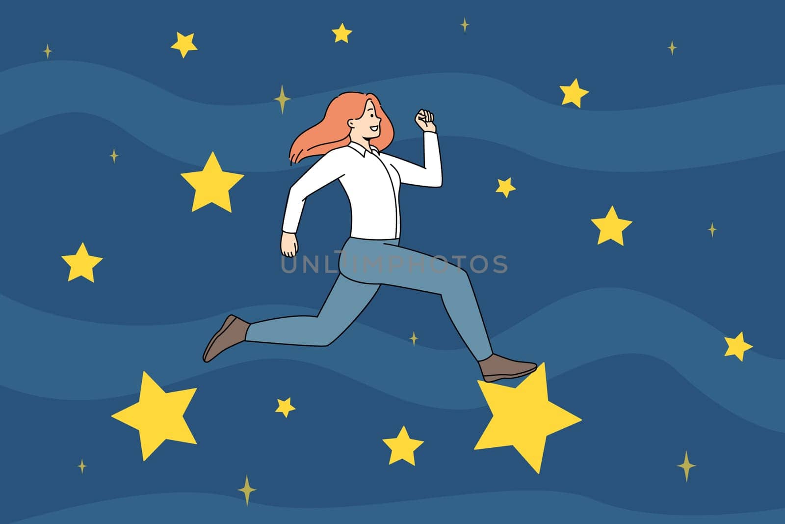 Motivated businesswoman running on stars strive for new career achievements. Happy confident woman employee jump to goal and target. Vector illustration.