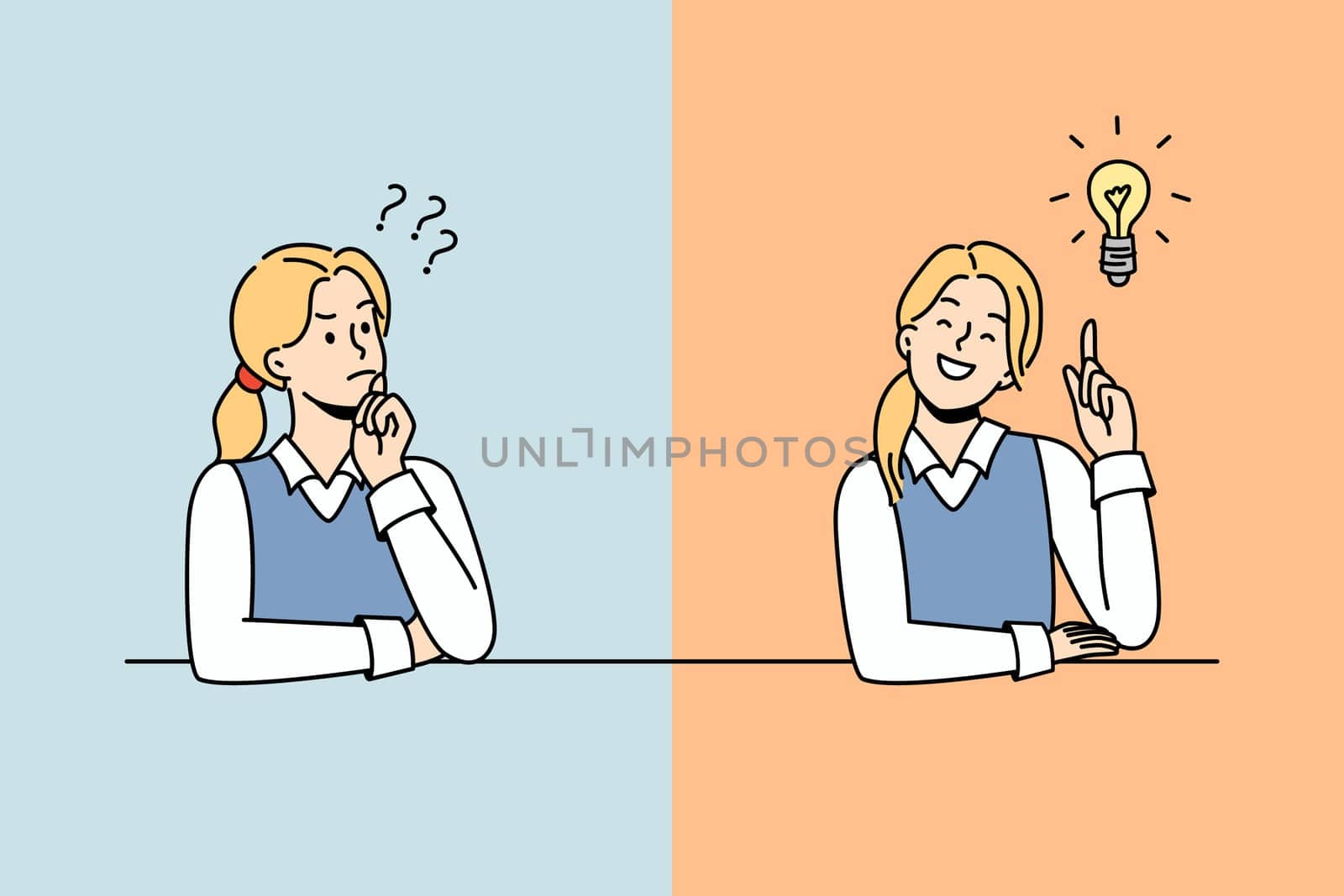 Girl thinking and finding answer. Female student confused looking for answers and creating solution. Innovation and problem solution. Vector illustration.