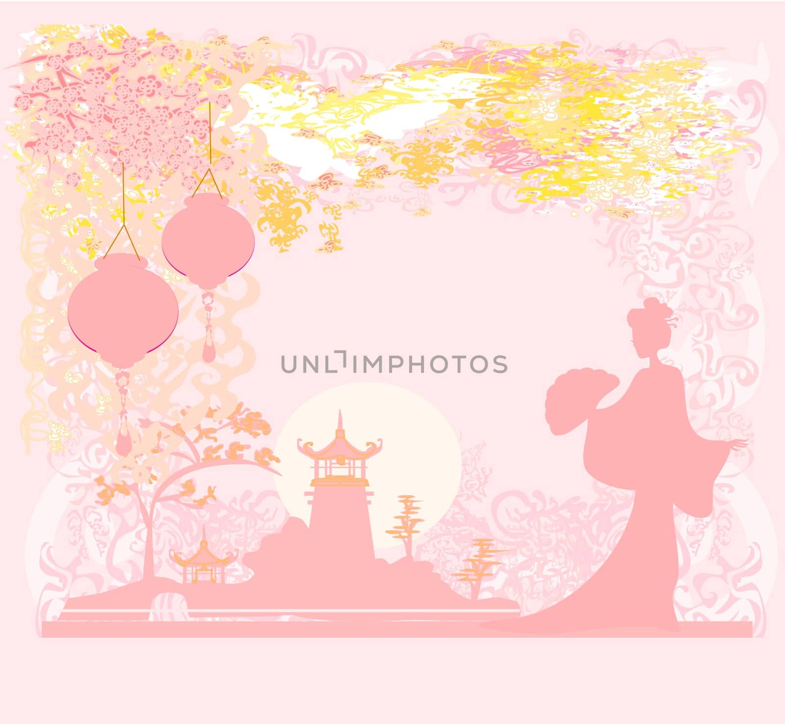 old paper with Asian Landscape and Chinese Lanterns - vintage japanese style background