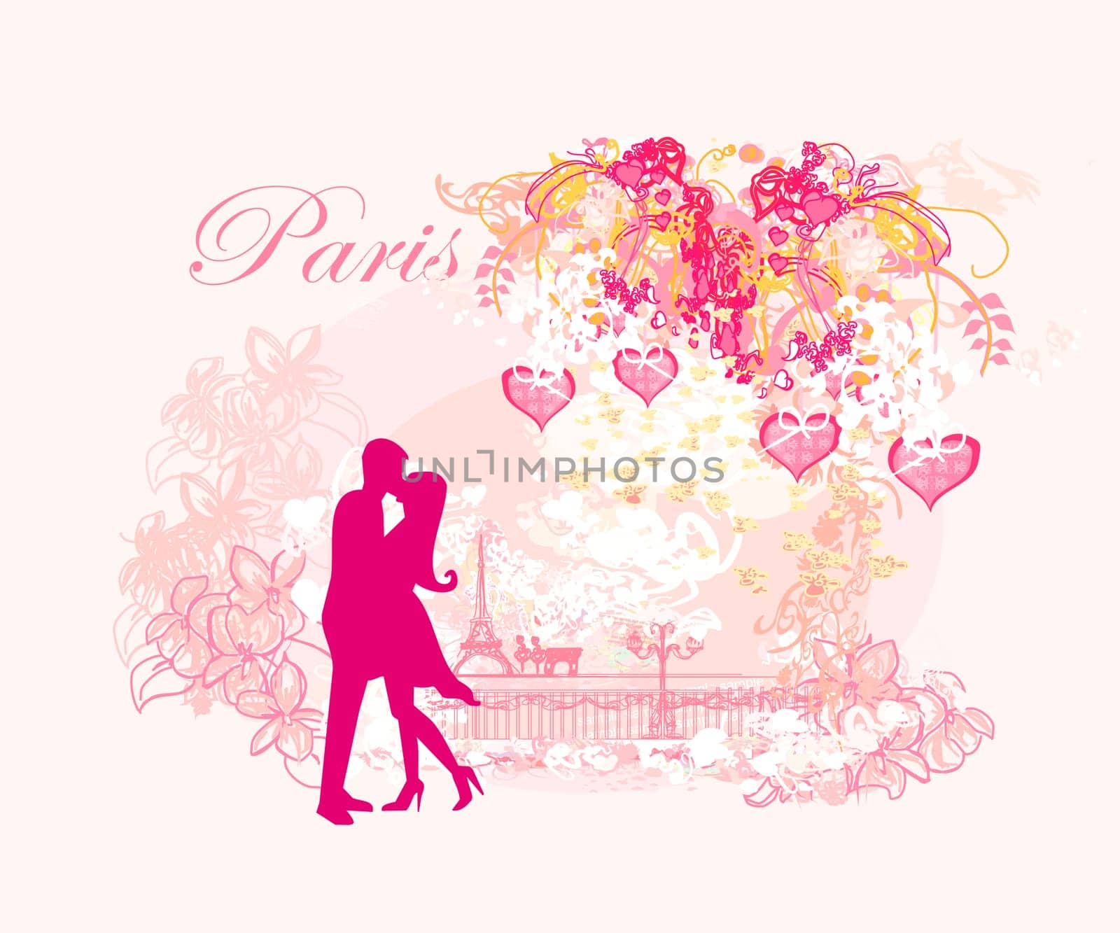 Romantic couple in Paris kissing near the Eiffel Tower Retro card