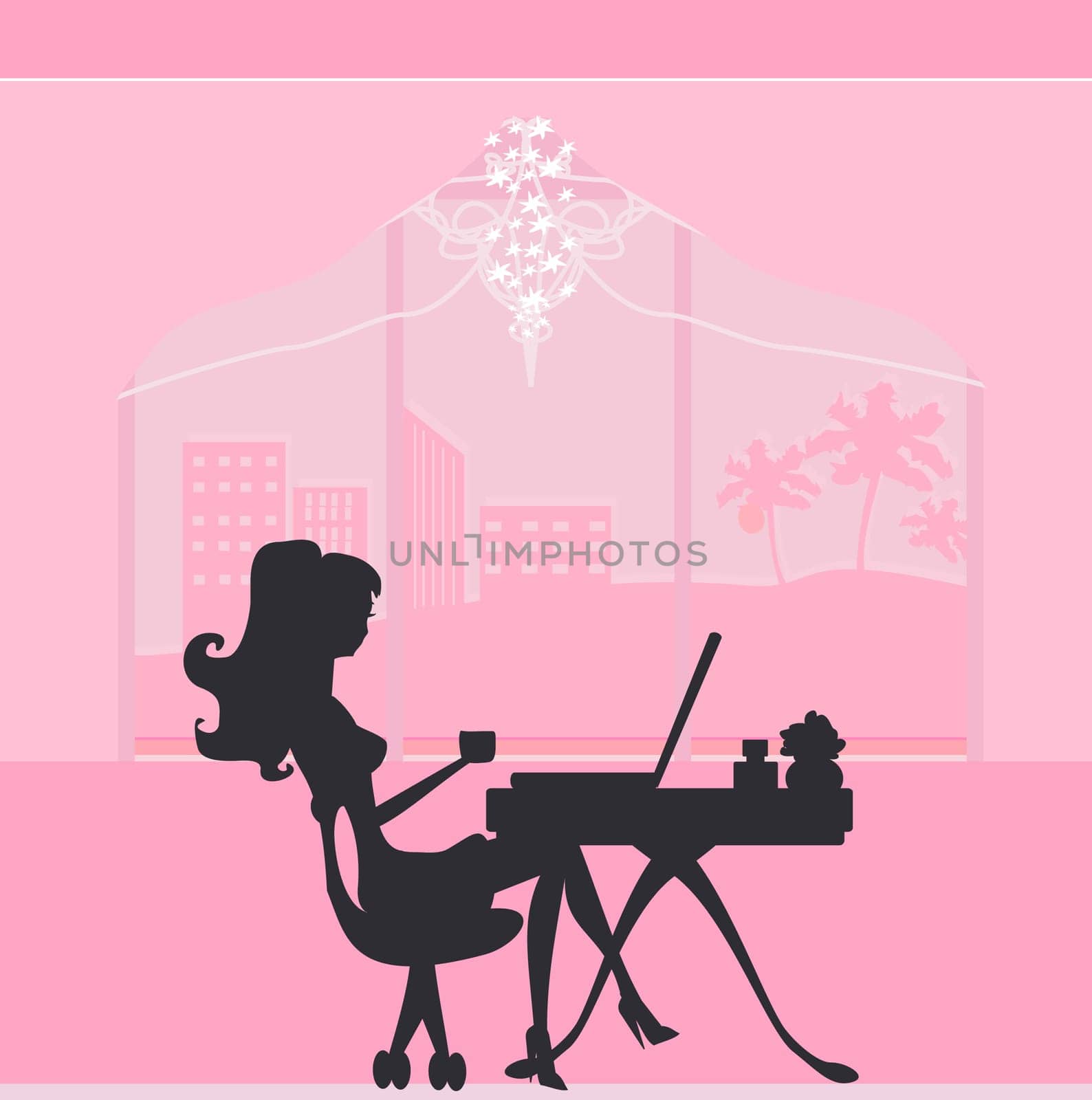 Online shopping - young smiling woman sitting with laptop compute