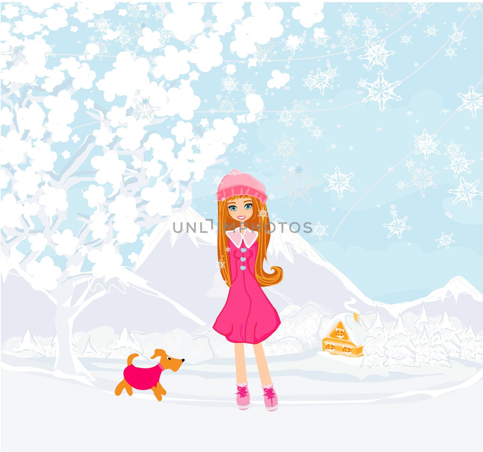 winter girl and her dog