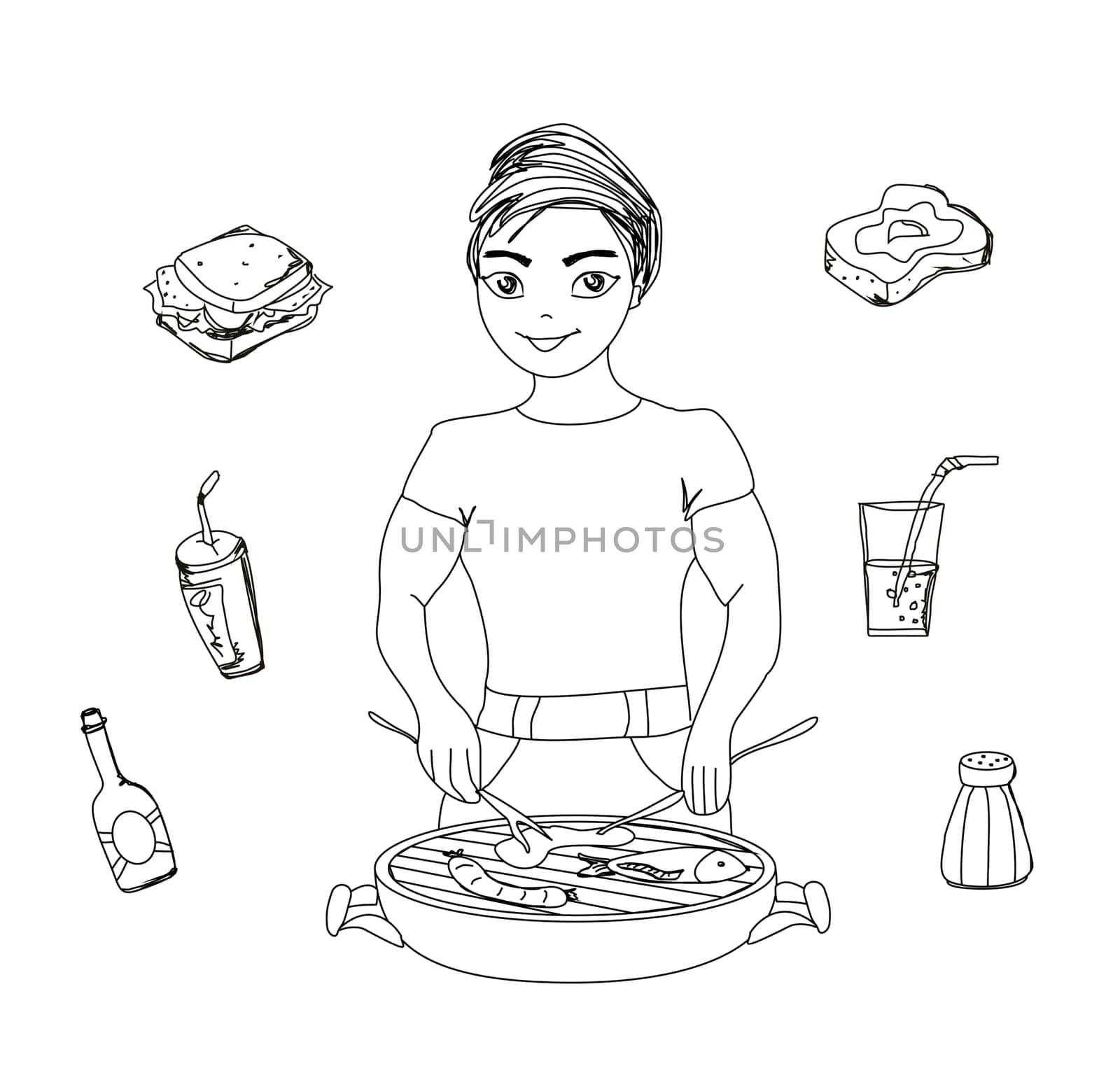 Cartoon Male dressed in grilling attire cooking meat.Barbecue icon vector set