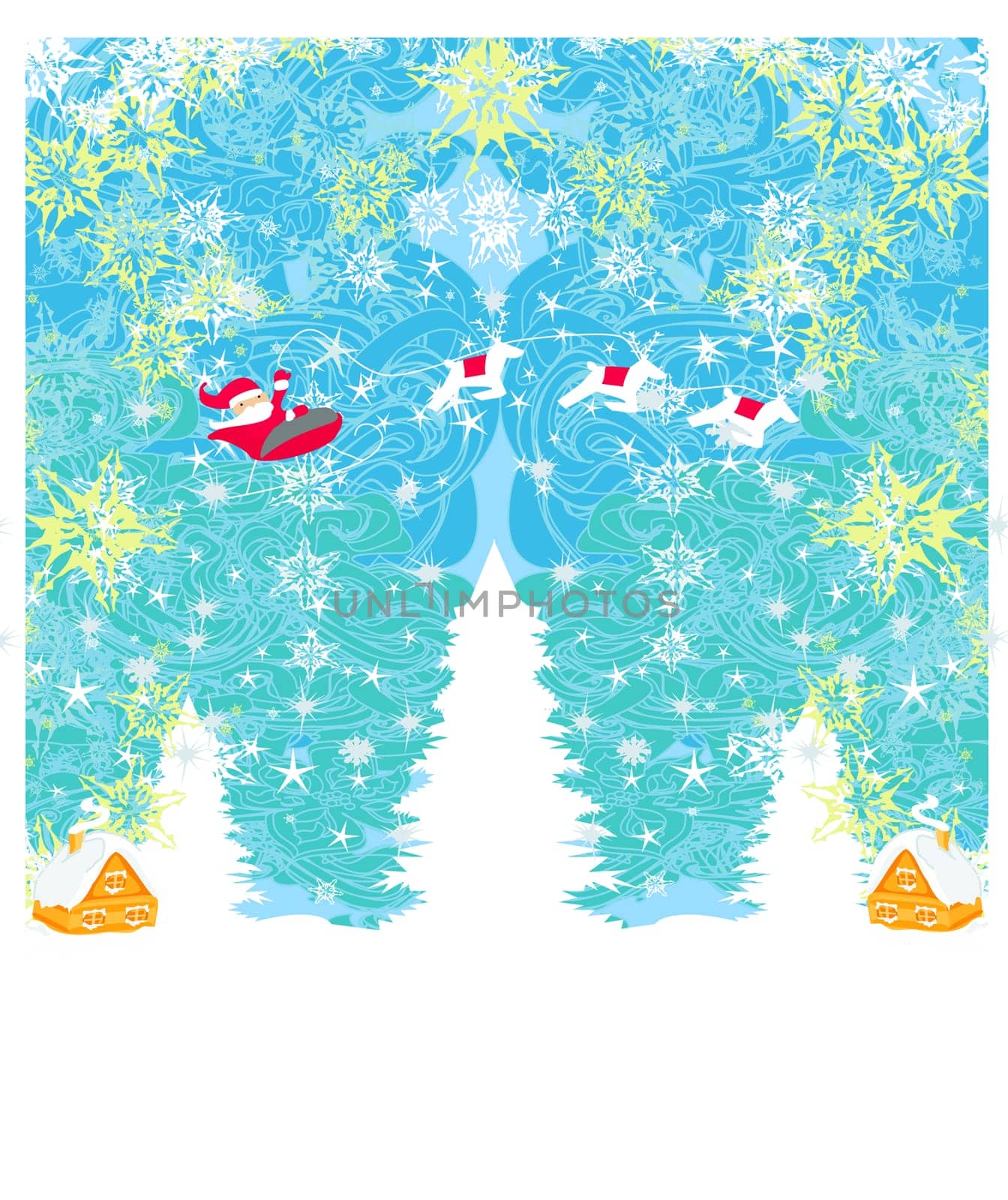 Happy New year card with Santa and winter landscape