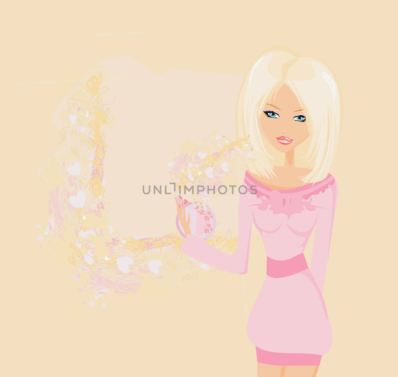 young woman spraying perfume on herself