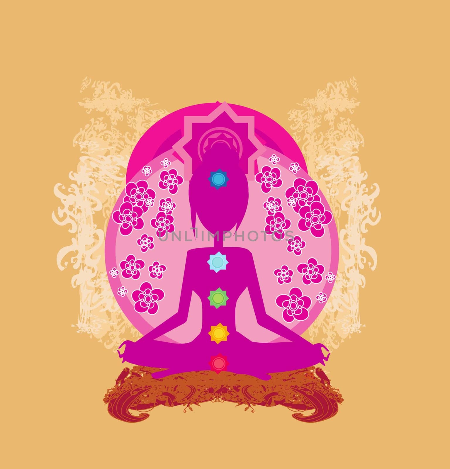 Yoga lotus pose. Padmasana with colored chakra points.