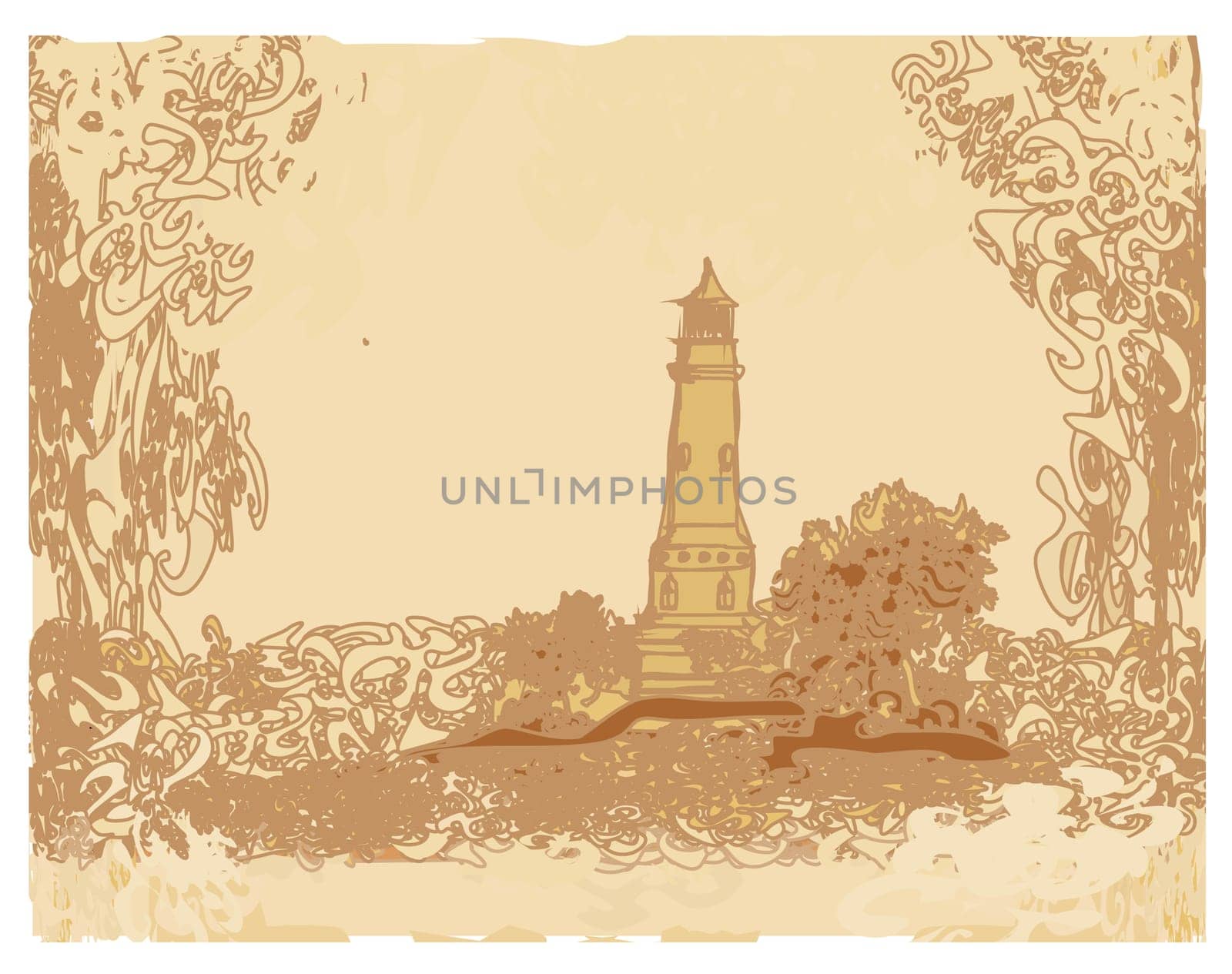 lighthouse seen from a tiny beach - Grunge Poster