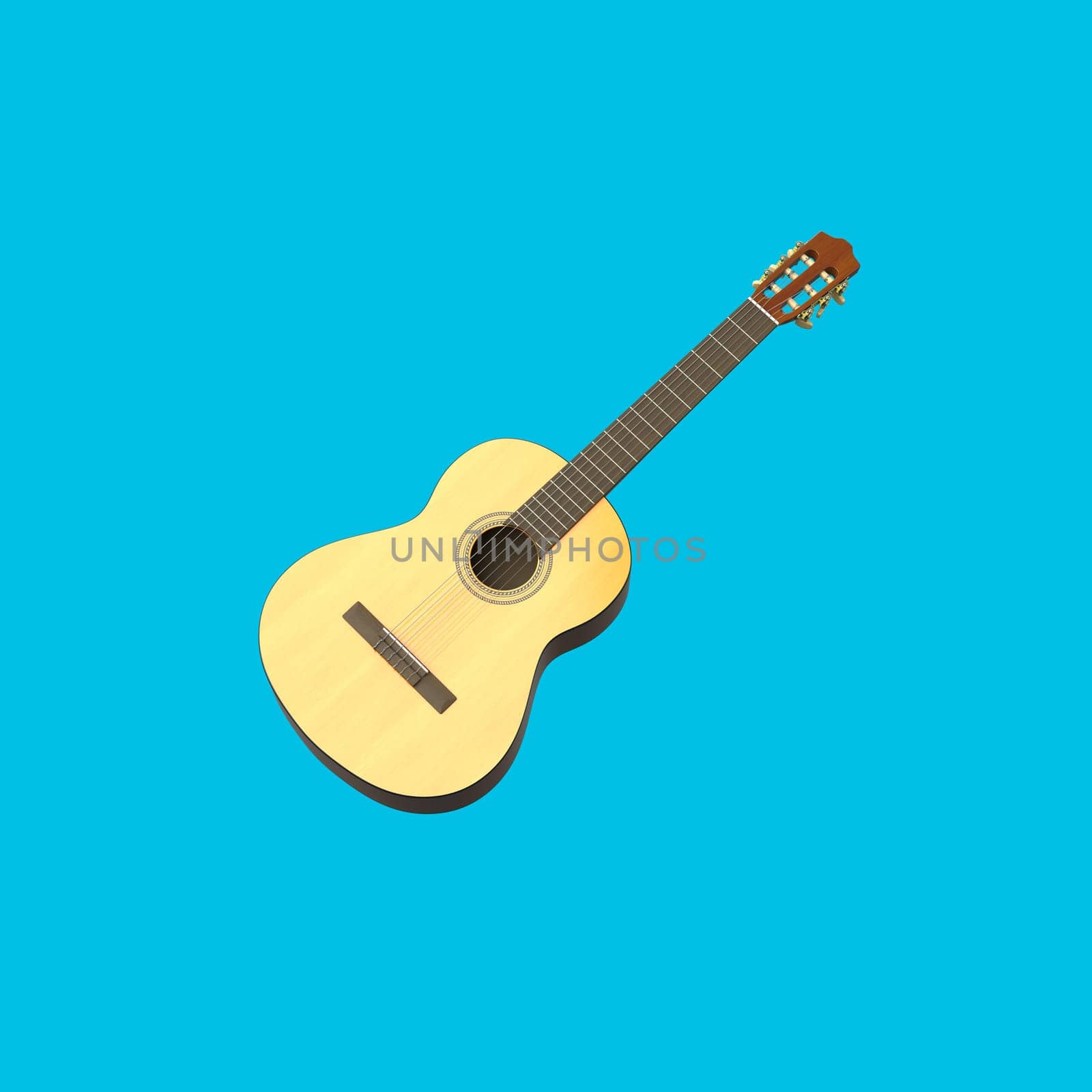 Classical Guitar Isolated on Flat Blue Background 3D Illustration