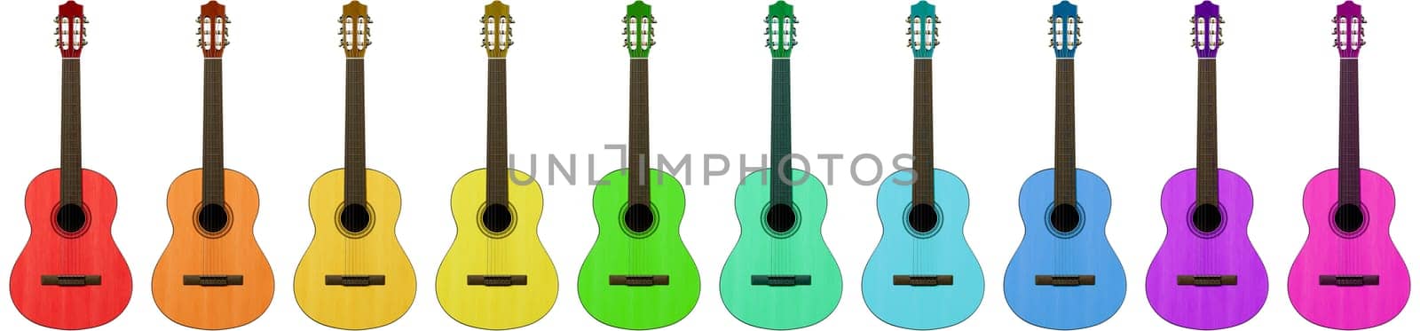 Series of Colorful Classical Guitars Isolated on White Background 3D Render Illustration
