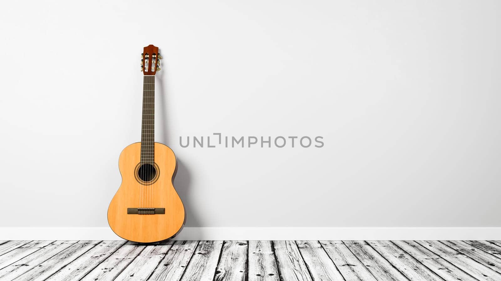 Classical Guitar on Wooden Floor Against a Light Gray Wall with Copy Space 3D Render Illustration