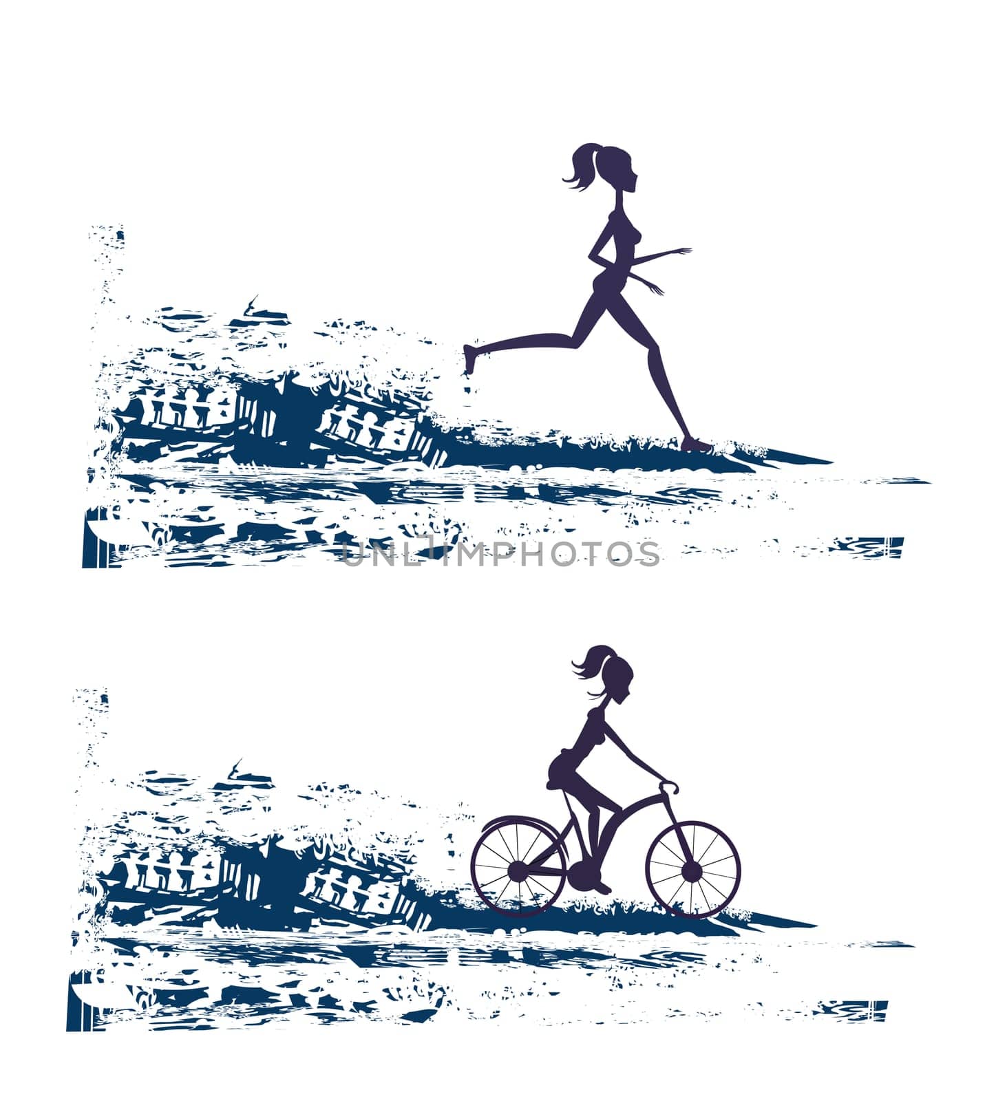 silhouette of marathon runner and cyclist race - abstract background