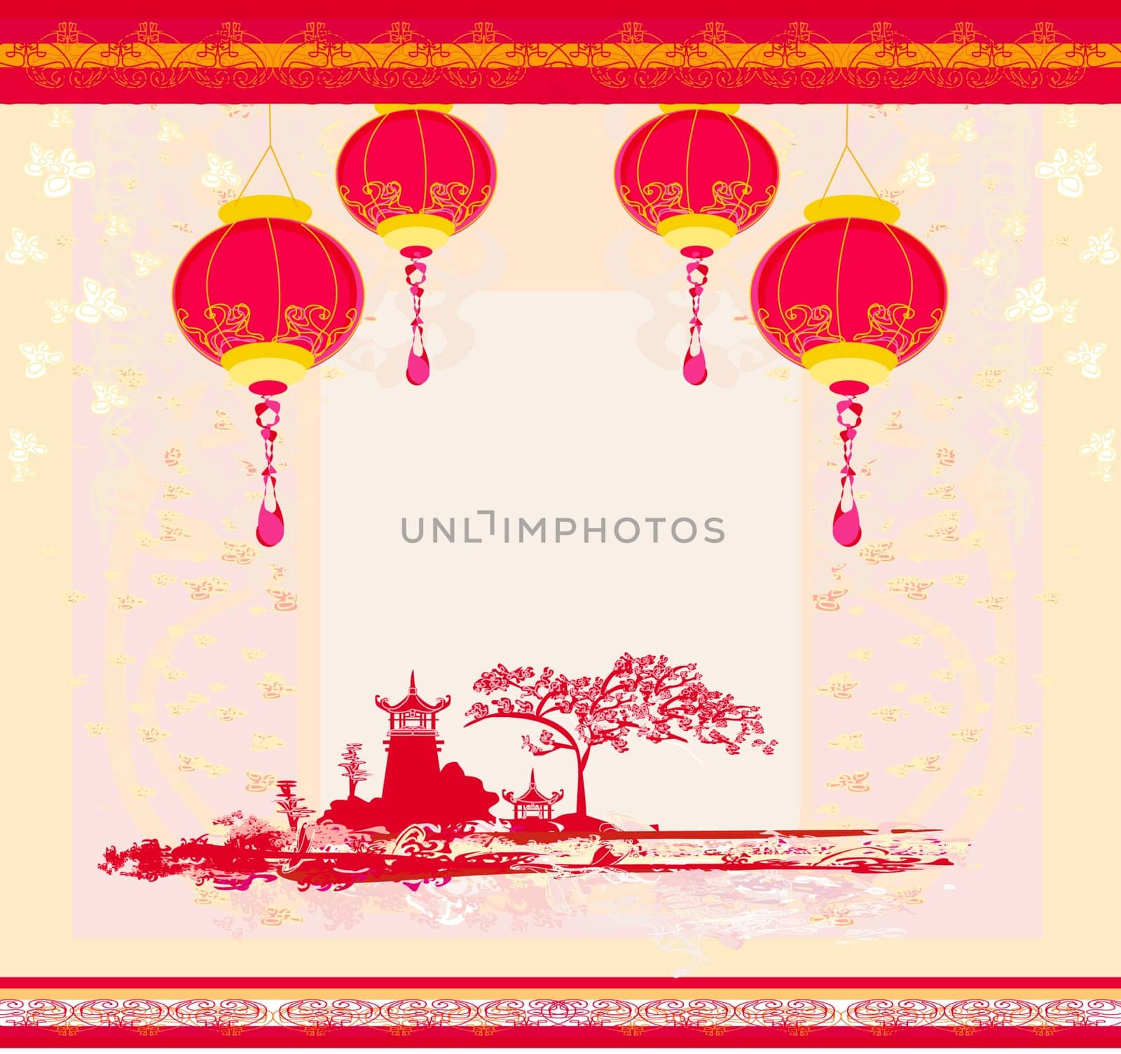 old paper with Asian Landscape and Chinese Lanterns
