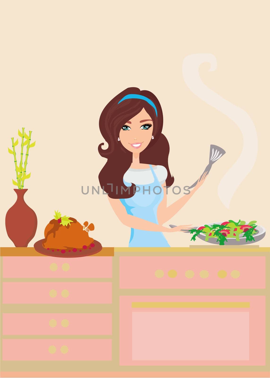 Beautiful woman frying  in kitchen