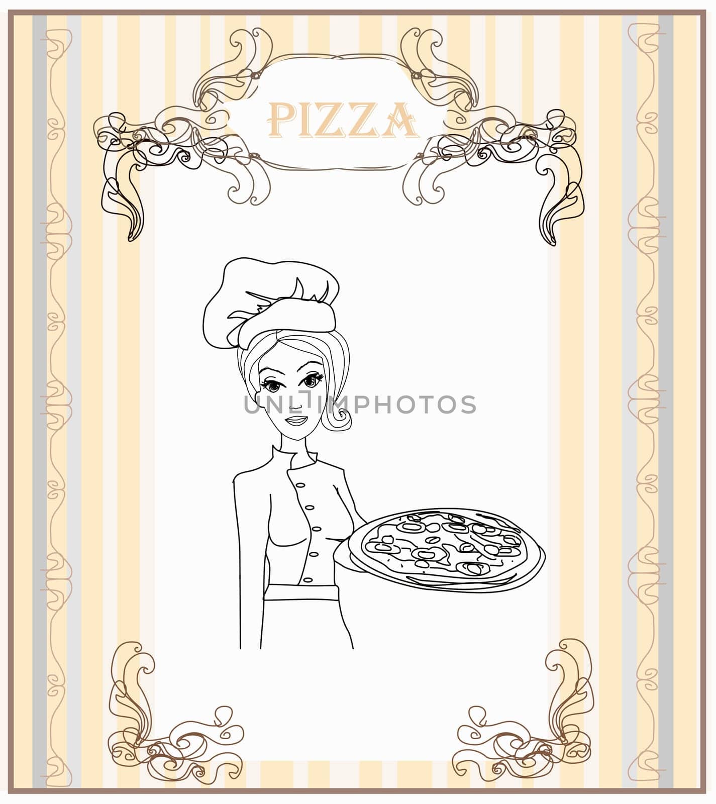 Young waitress with pizza doodle