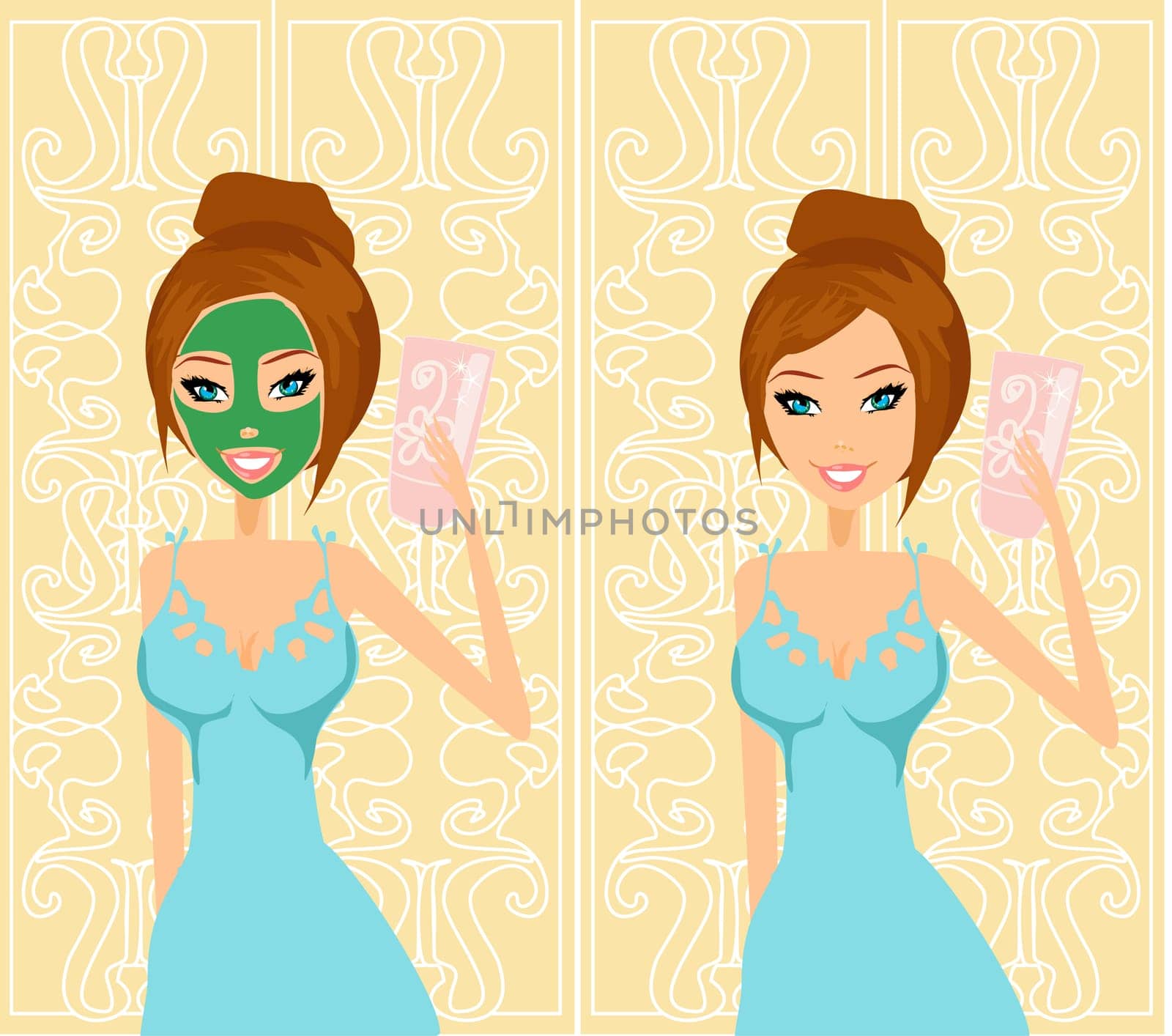 Cute woman applying moisturizer vector illustration