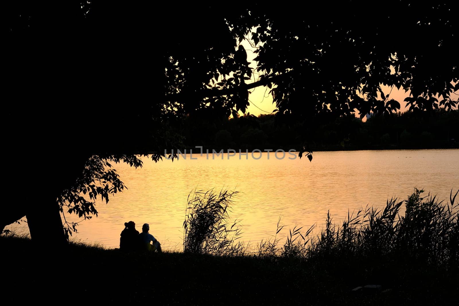 Silhouette of a couple in the afternoon behind a river couple