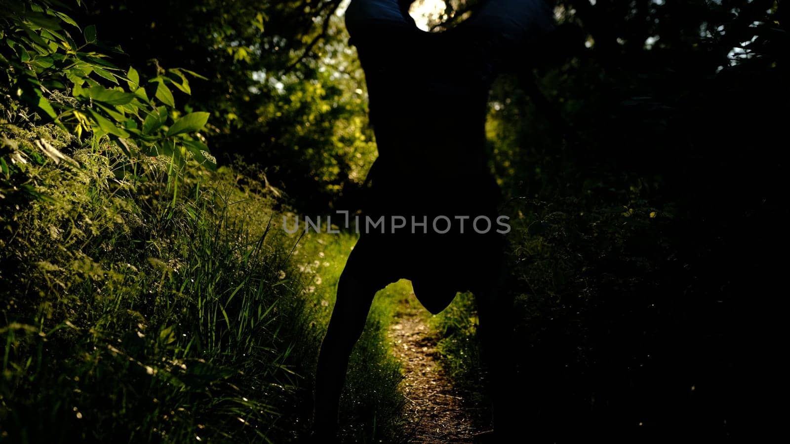 man walks on hands in the forest at sunset, sunrise