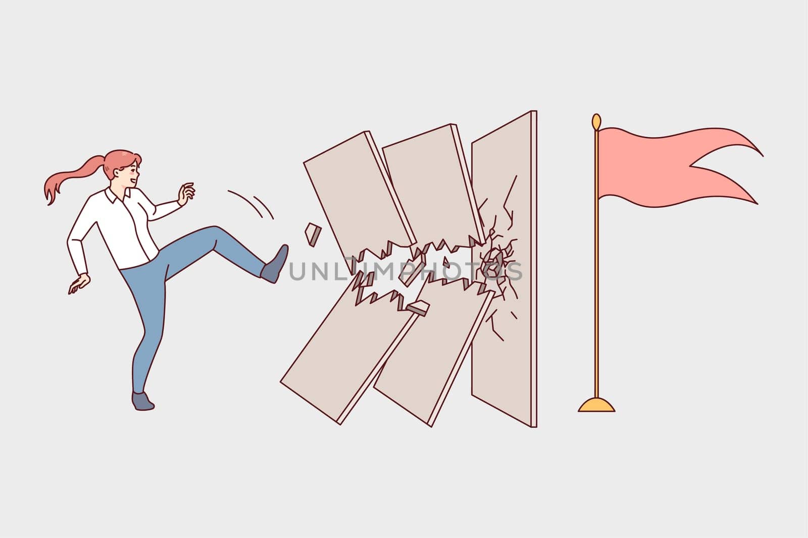 Determined woman break wall with leg kick. Motivated businesswoman find way to overcome obstacles and reach success. Achievement and challenge. Vector illustration.