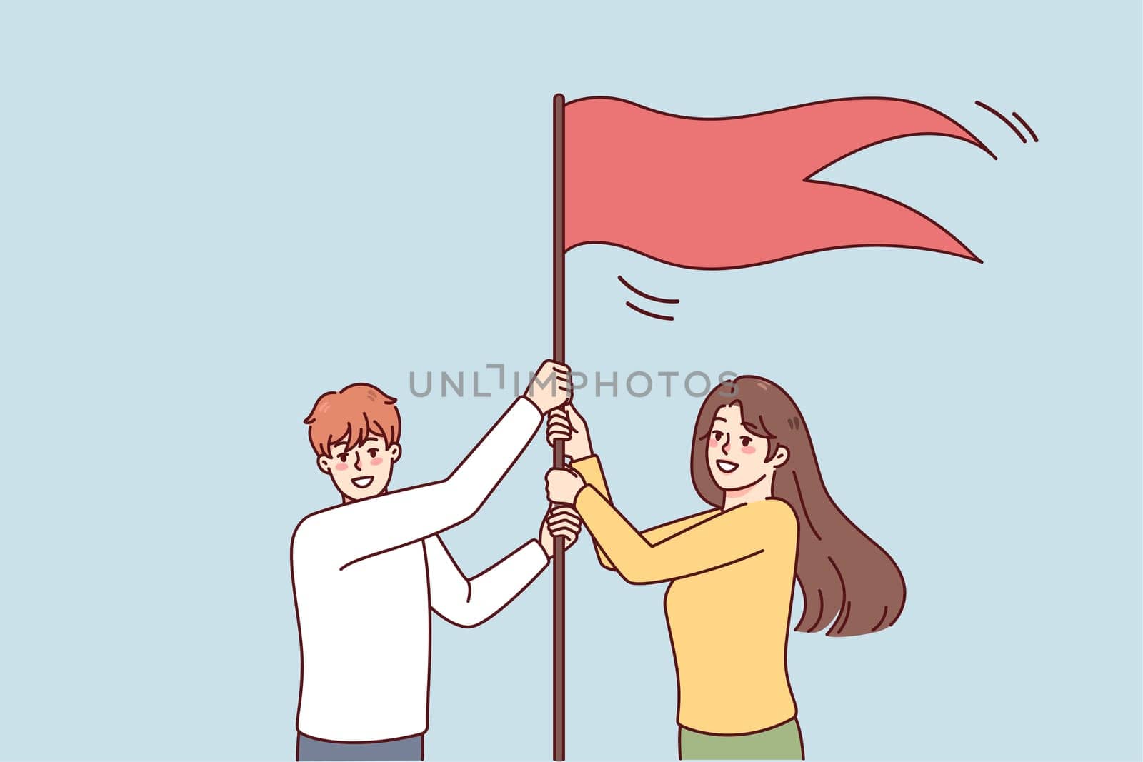 Smiling employees put flag as symbol of shared goal achievement and success. Happy man and woman reach business target or aim. Accomplishment concept. Vector illustration.