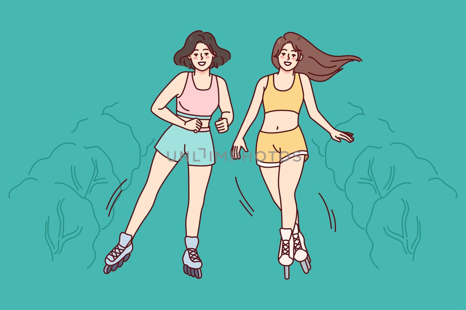 Happy girls in summer wear riding in park on rollers. Smiling women roller skaters have fun relax outdoors. Flat vector illustration.