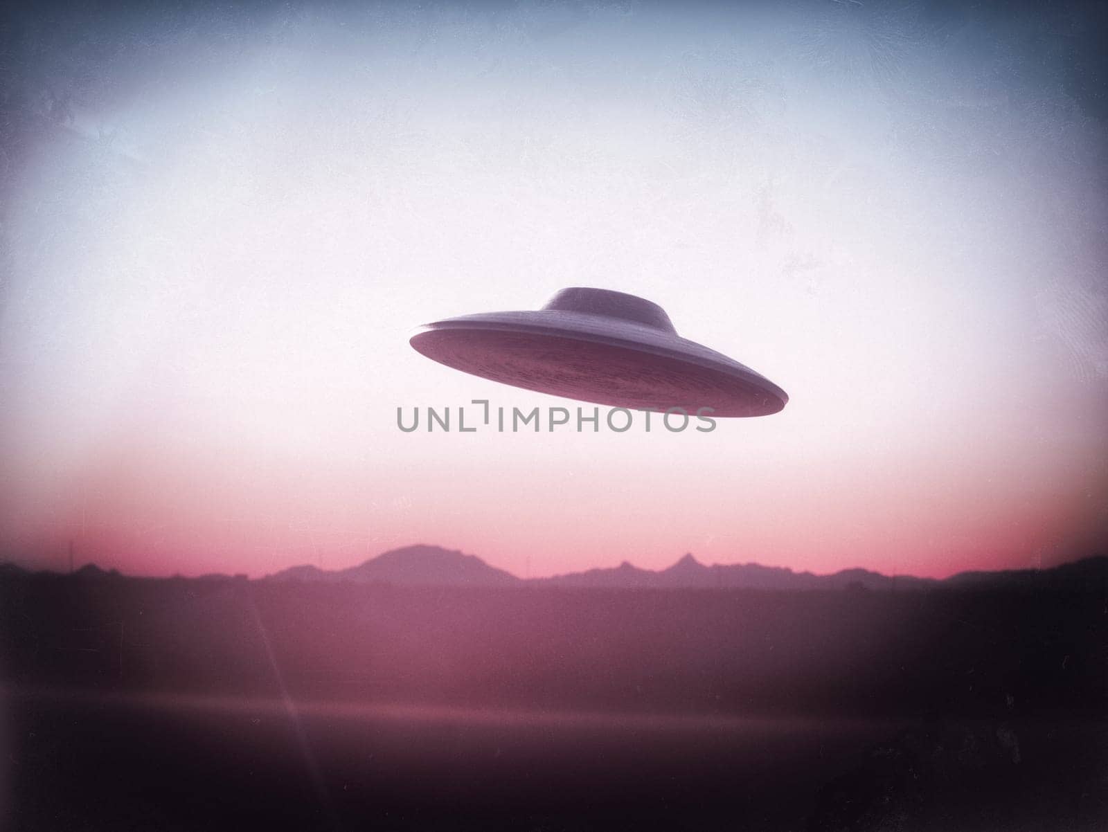 3D illustration, Unidentified Flying Object from the 60's and 70's photographic film style.