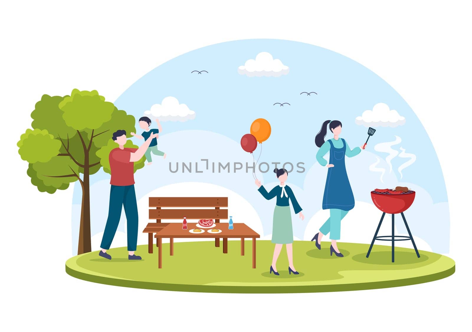 BBQ or Barbecue with Steaks on Grill, Toaster, Sausage, Chicken, Vegetables and People on Picnic or Party in the Park in Flat Cartoon Illustration