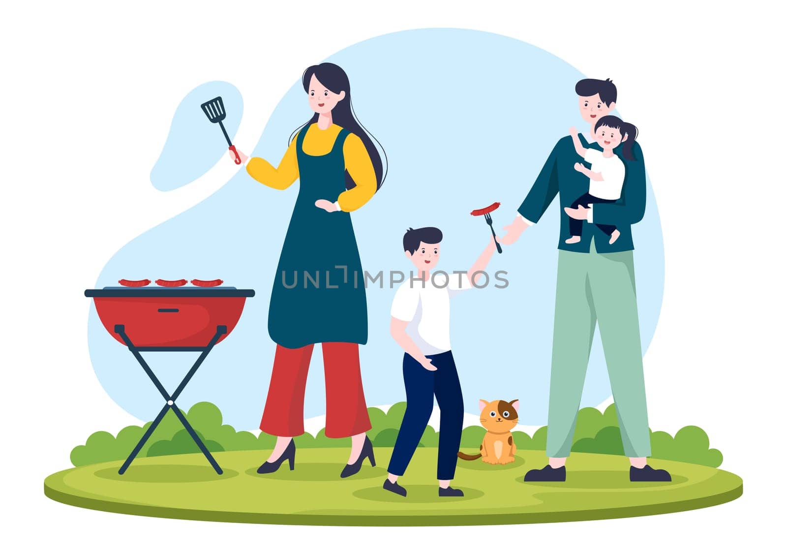 BBQ or Barbecue with Steaks on Grill, Toaster, Sausage, Chicken, Vegetables and People on Picnic or Party in the Park in Flat Cartoon Illustration