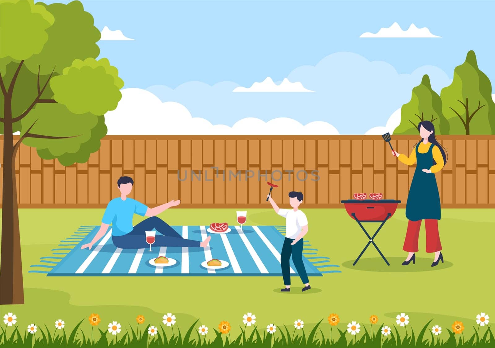 BBQ or Barbecue with Steaks on Grill, Toaster, Sausage, Chicken, Vegetables and People on Picnic or Party in the Park in Flat Cartoon Illustration
