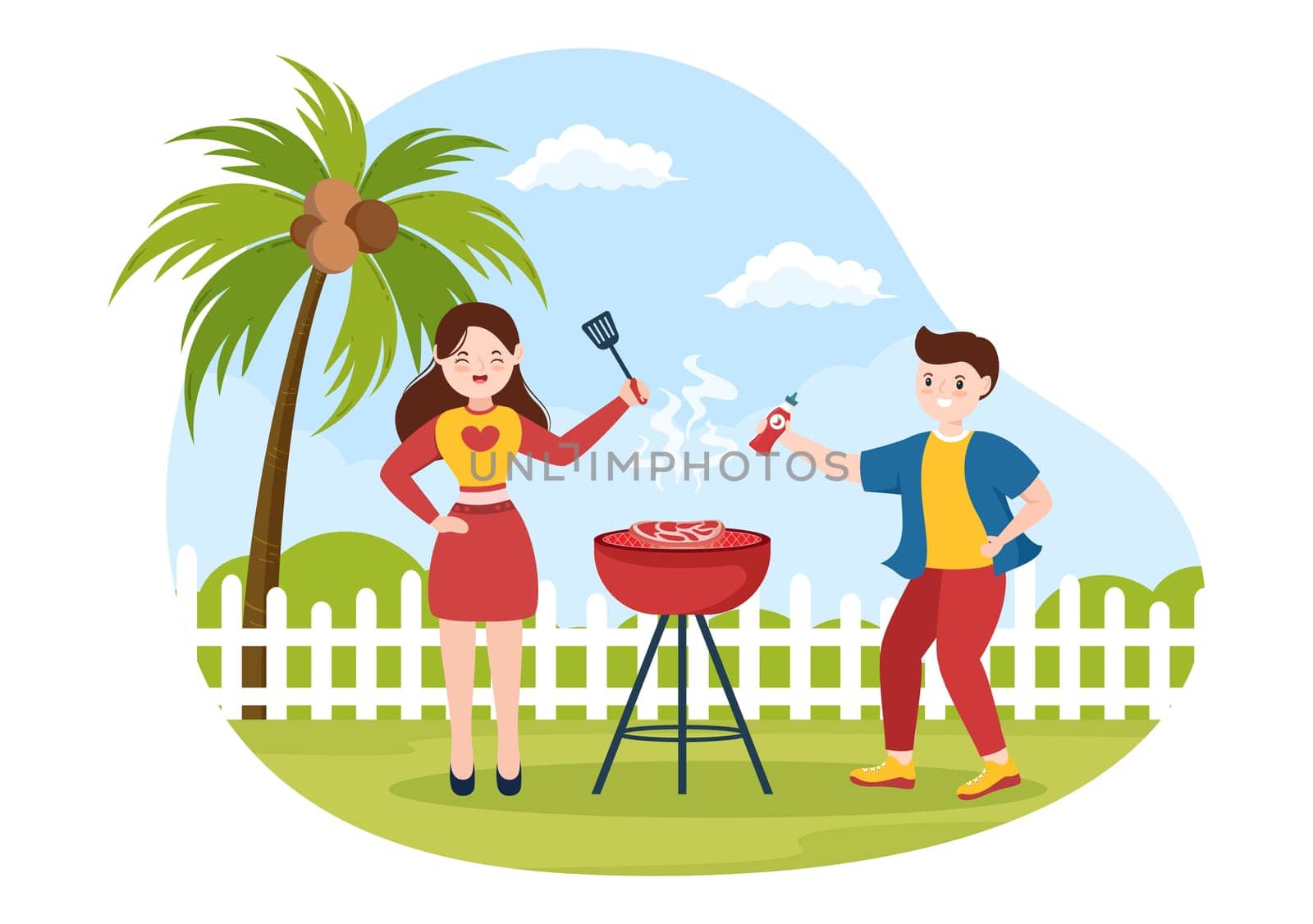 BBQ or Barbecue with Steaks on Grill, Toaster, Sausage, Chicken, Vegetables and People on Picnic or Party in the Park in Flat Cartoon Illustration