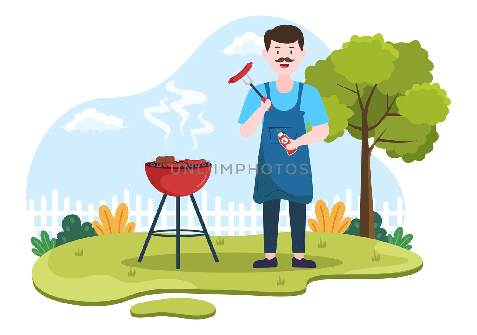 BBQ or Barbecue with Steaks on Grill, Toaster, Sausage, Chicken, Vegetables and People on Picnic or Party in the Park in Flat Cartoon Illustration