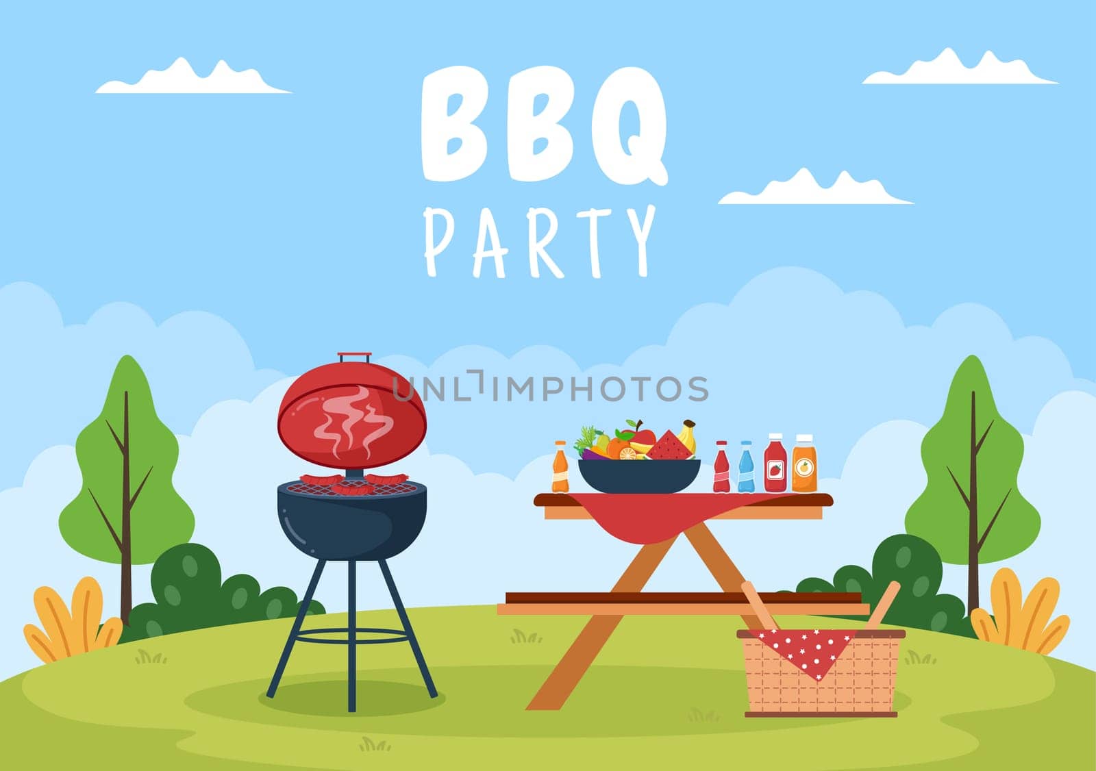BBQ or Barbecue with Steaks on Grill, Toaster, Plates, Sausage, Chicken and Vegetables in Flat Background Cartoon Illustration