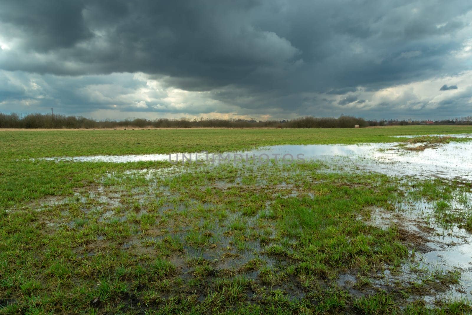 Flooded meadow after the storm and cloudy sky, Nowiny, Poland