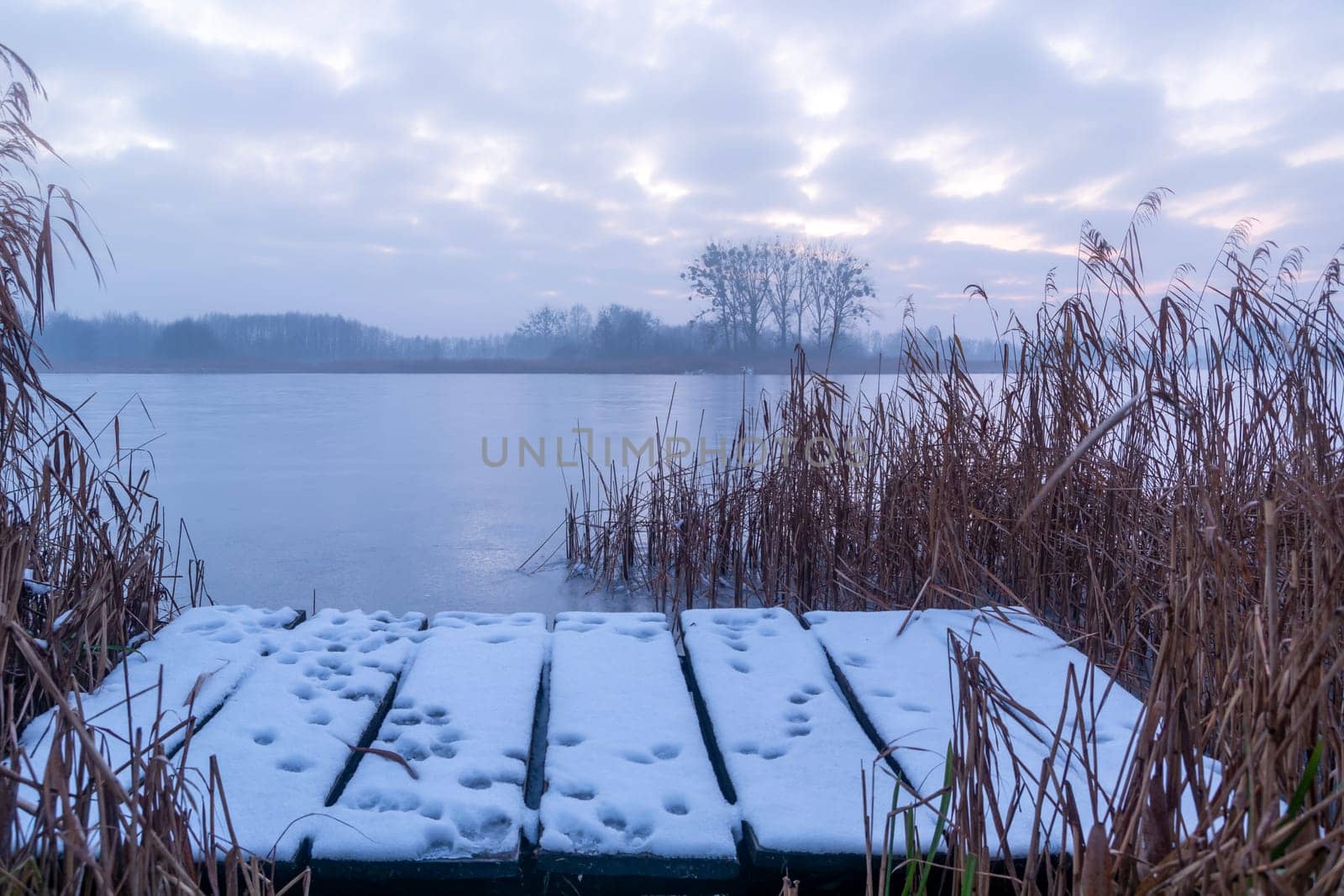 Snow on a wooden pier by a frozen lake, Stankow, Lubelskie, Poland