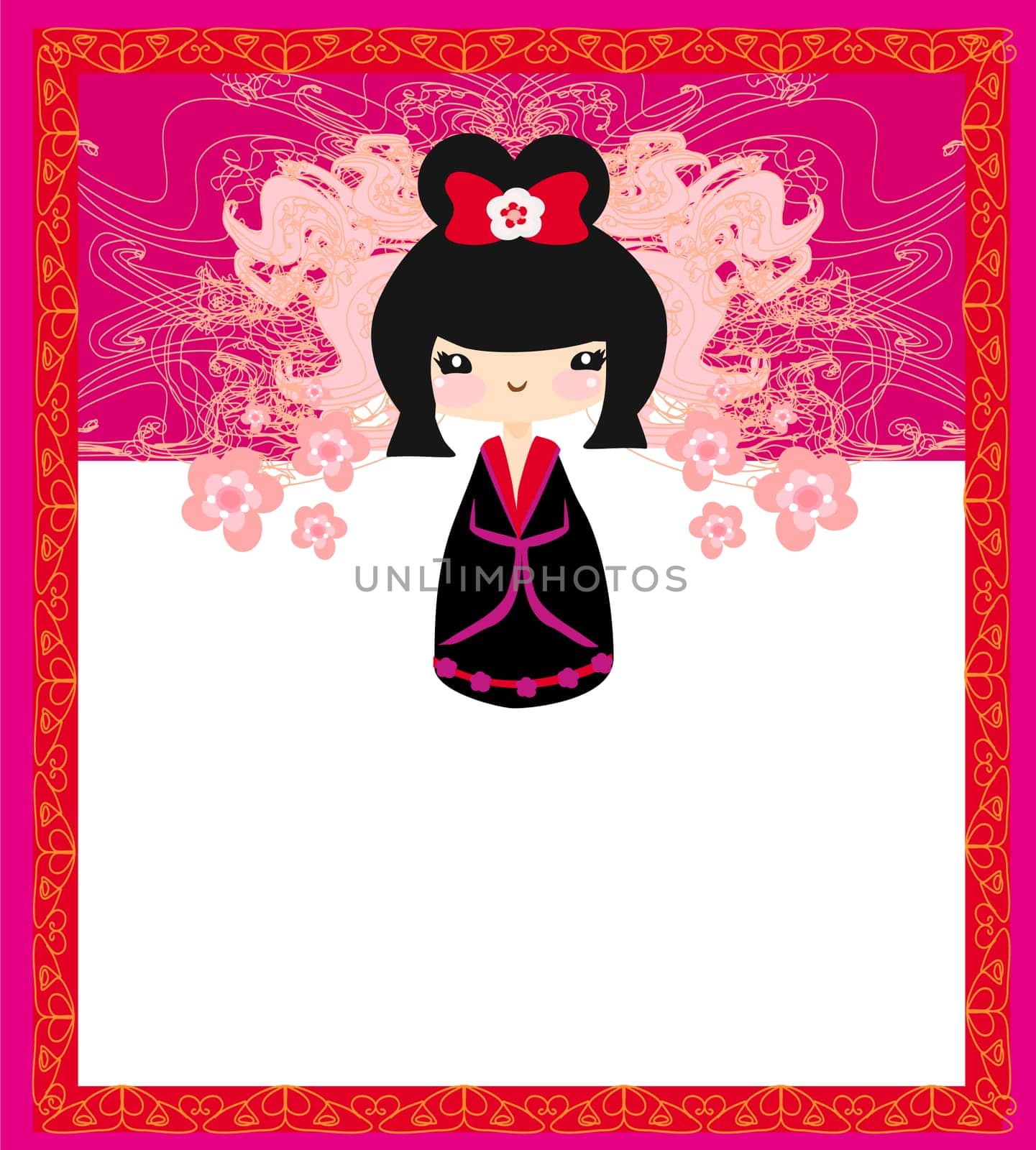 Kokeshi doll on the pink background with floral ornament