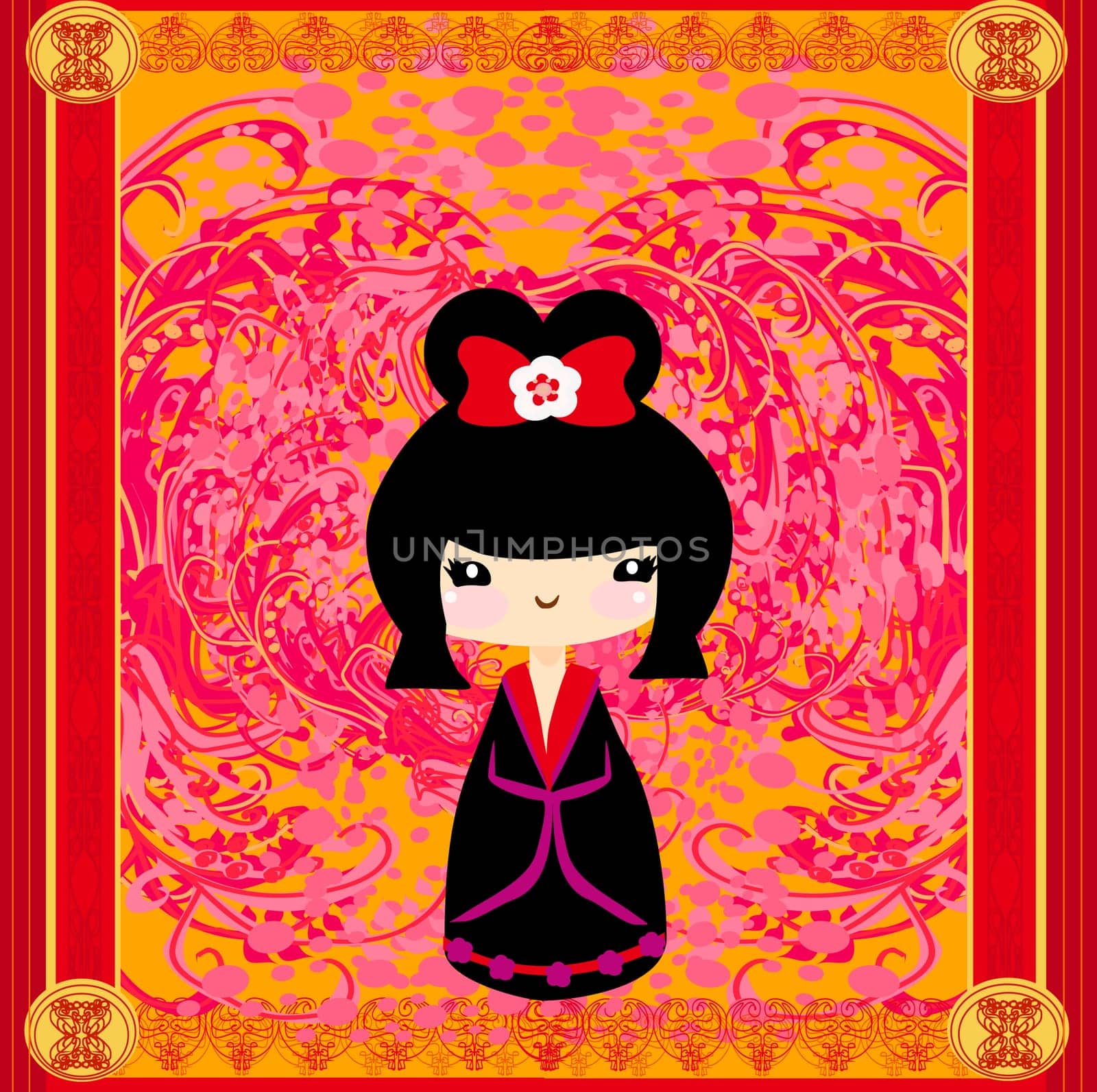 Kokeshi doll on the pink background with floral ornament