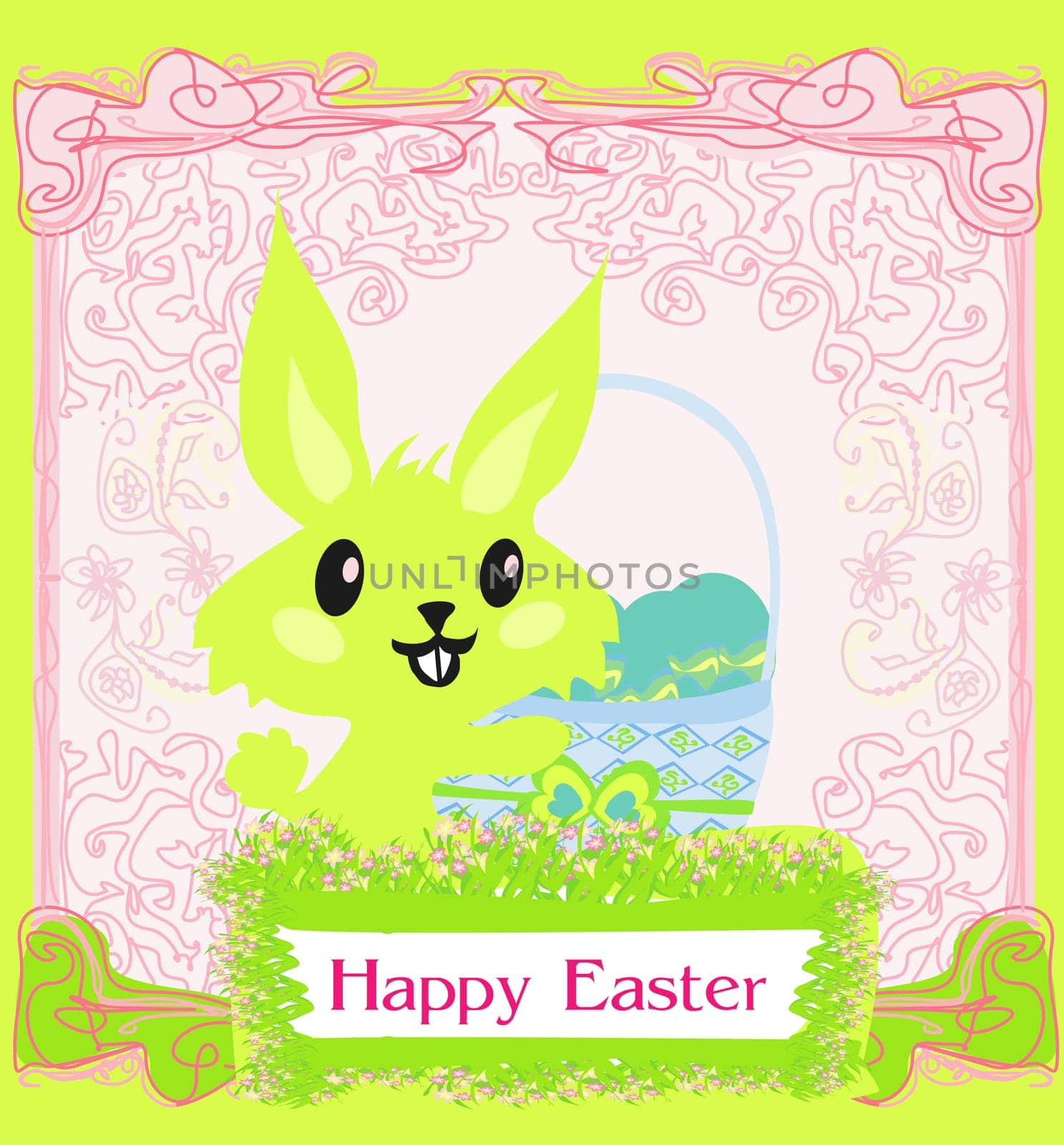 Illustration of happy Easter bunny carrying egg