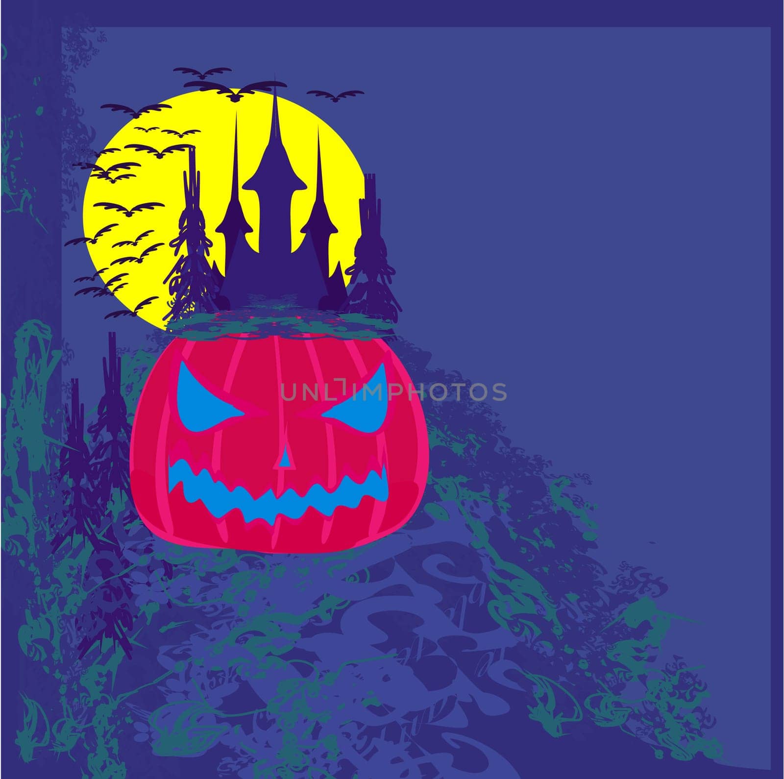 grungy Halloween background with haunted house and pumpkin